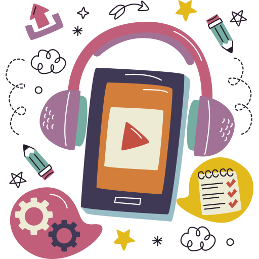 Ilustración celular, con auriculares.